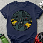 Cyclist Navigating Urban Traffic Scene Graphic Shirt