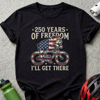 Bulldog on bicycle with American flag, "250 Years of Freedom I'll Get There."