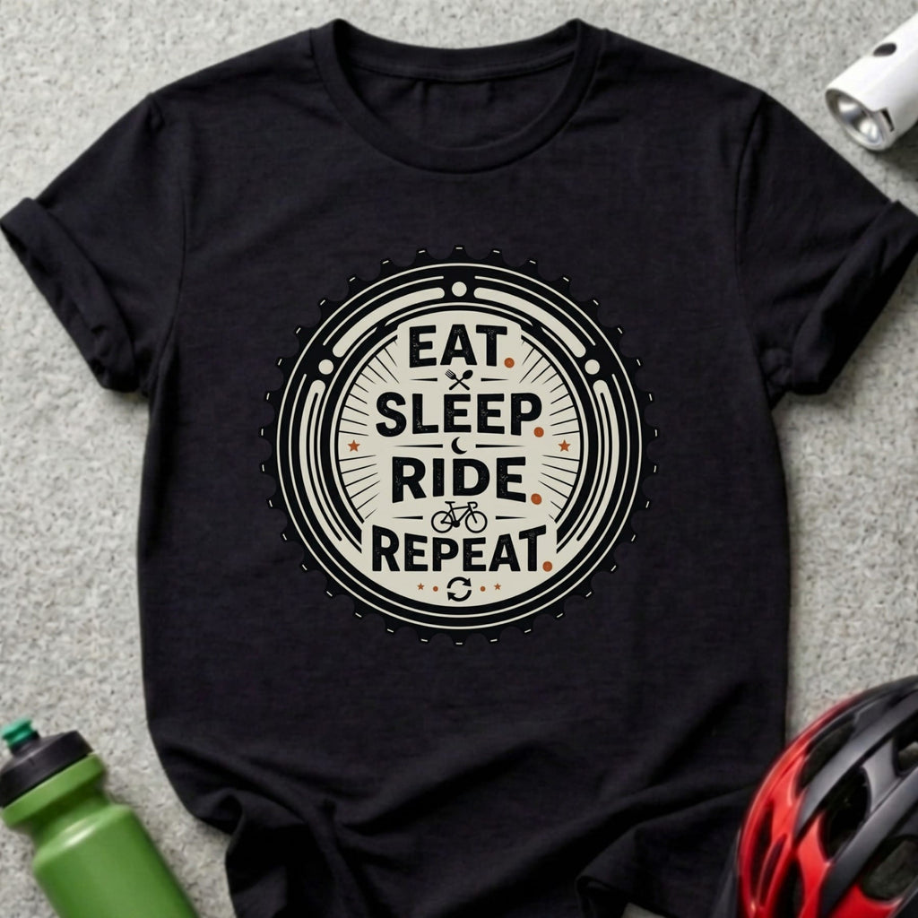 Black t-shirt with "Eat Sleep Ride Repeat" circular graphic featuring a bicycle.