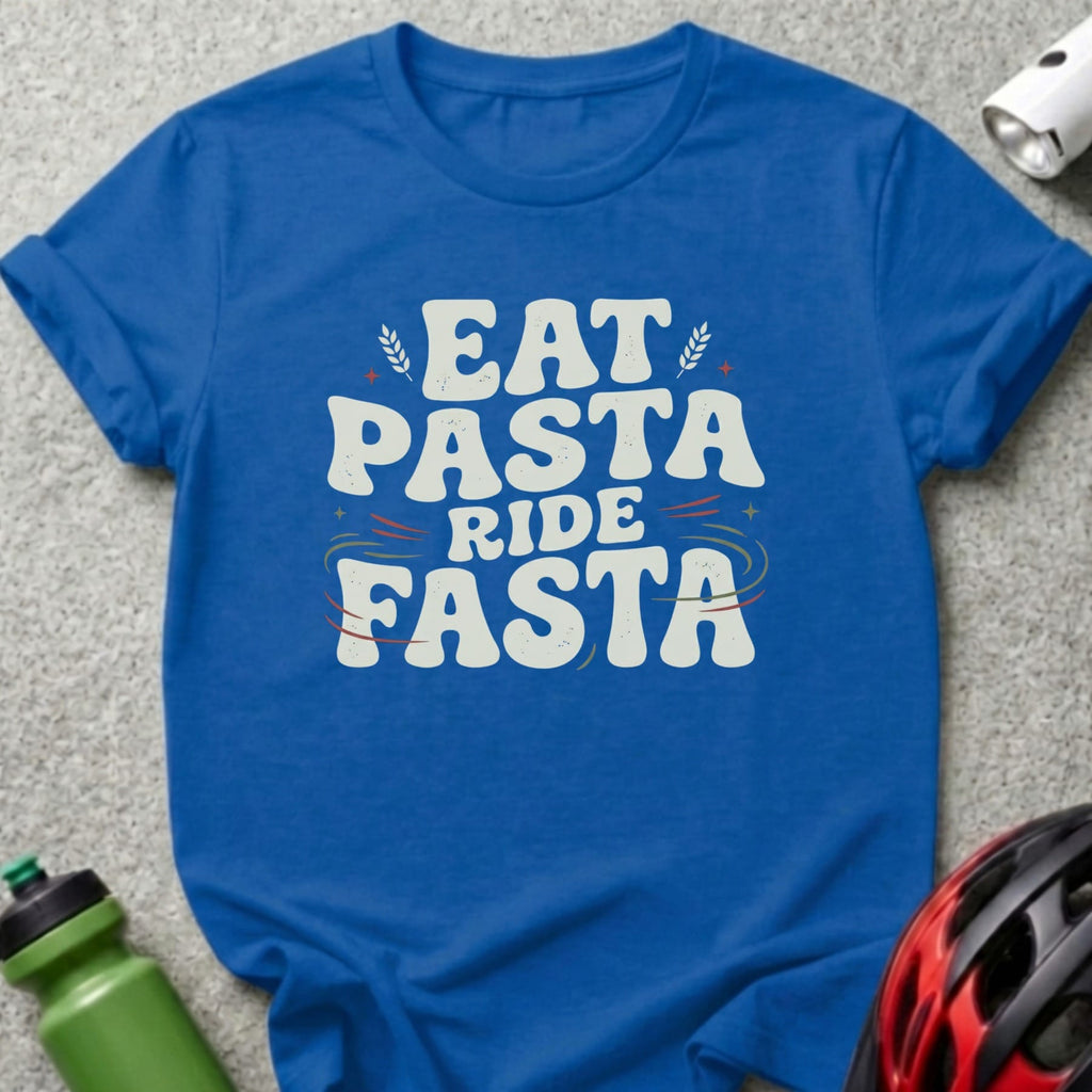 Blue t-shirt with "EAT PASTA RIDE FASTA" graphic.