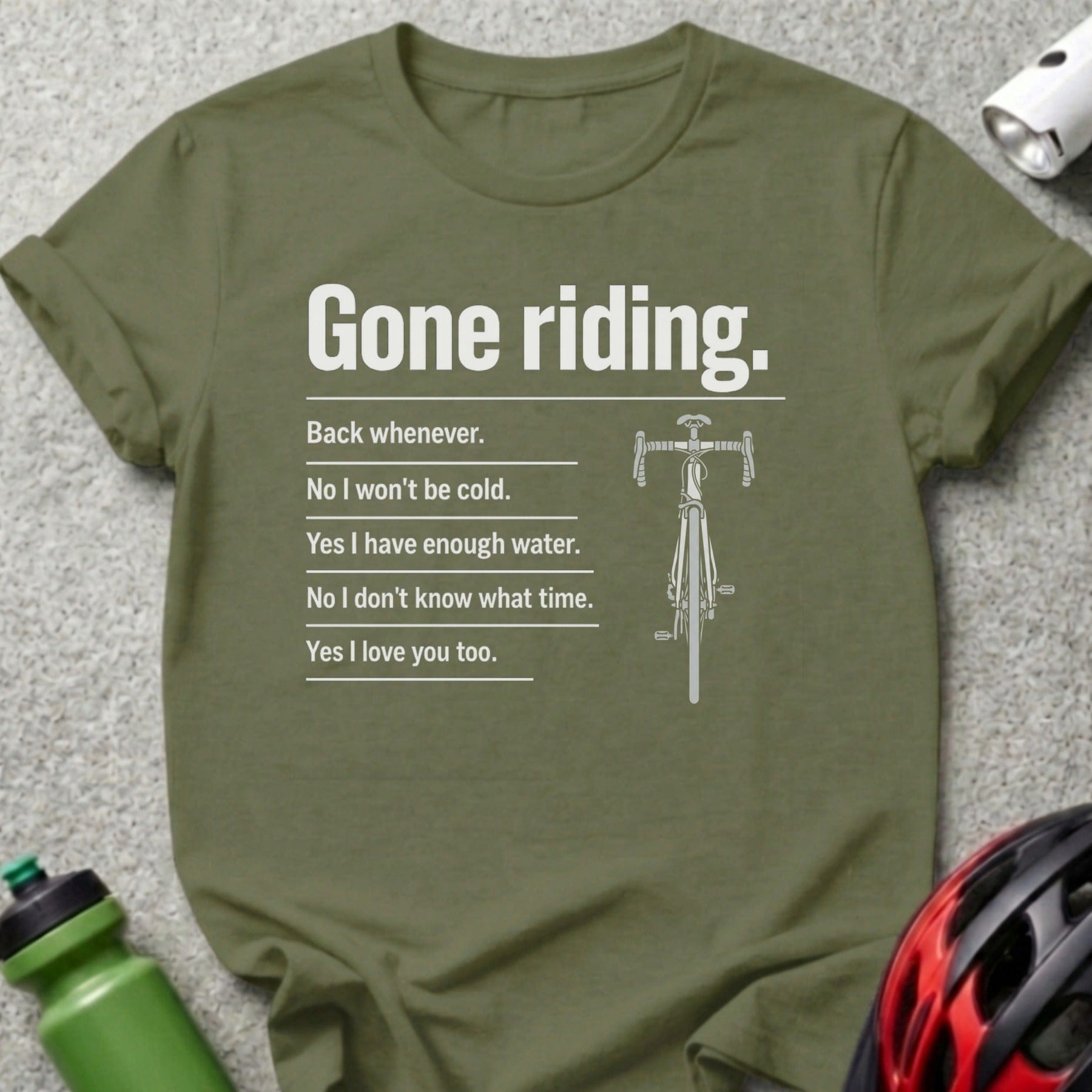 Olive green t-shirt with "Gone riding" text and bicycle illustration.