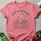 Red t-shirt with "Life is Better With a Bike and a Dog" text and graphic.