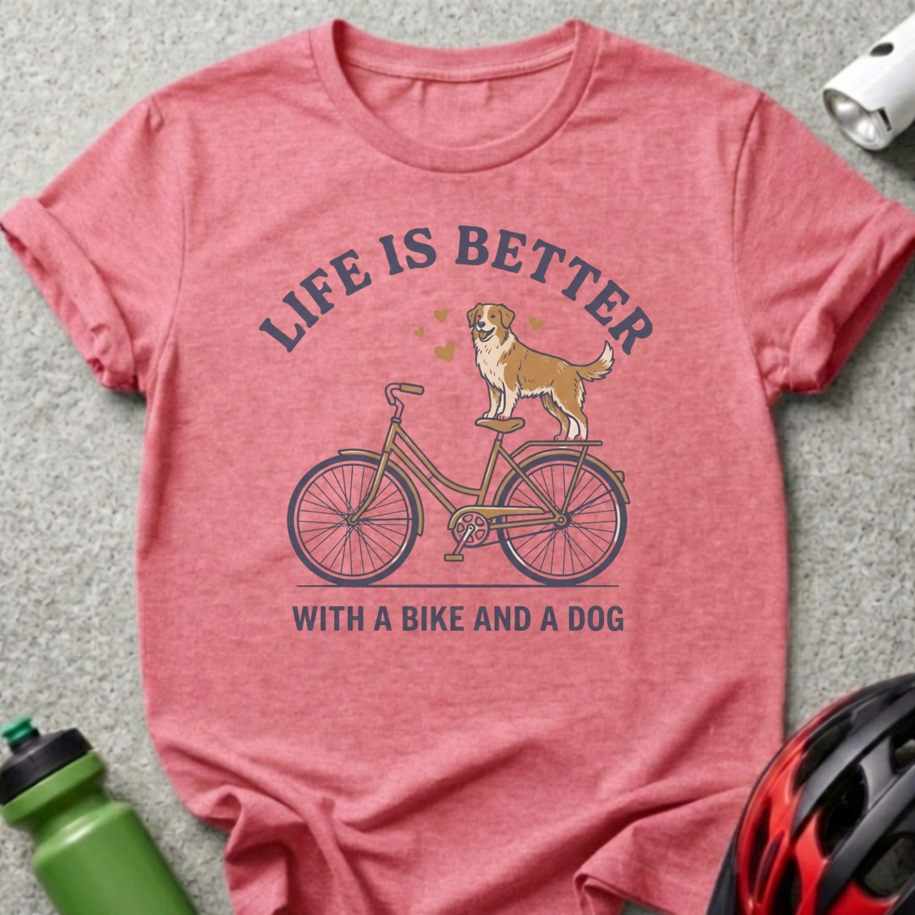 Red t-shirt with "Life is Better With a Bike and a Dog" text and graphic.