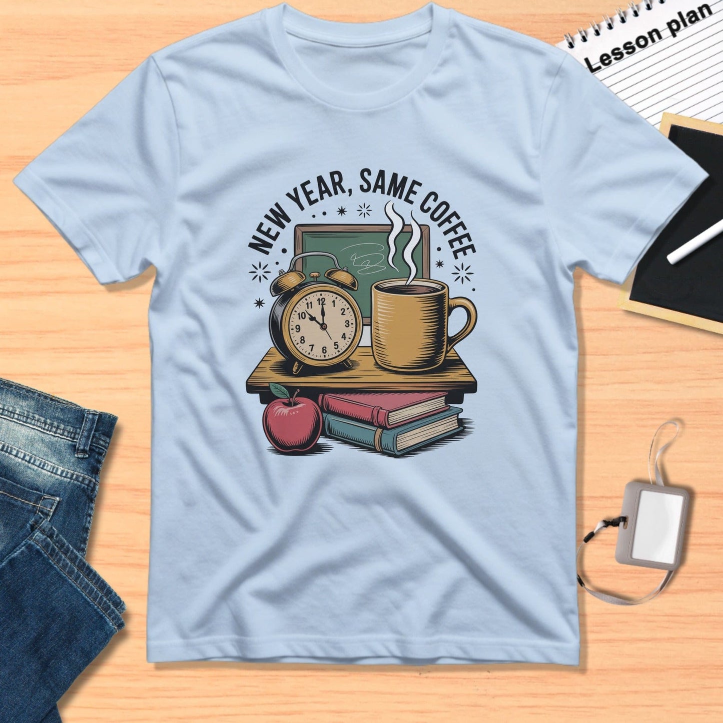 New Year Same Coffee T-Shirt with Clock Mug and Books