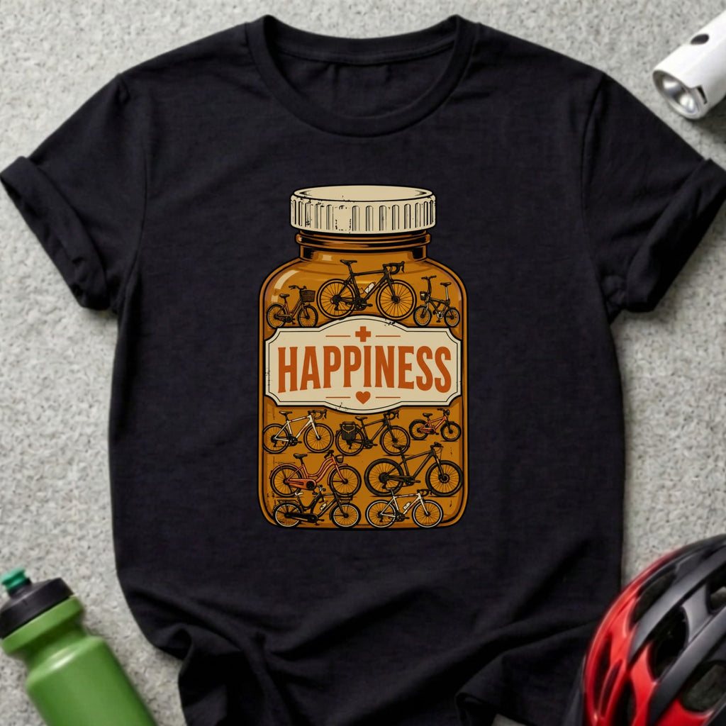 Pill bottle illustration filled with various bicycle designs, labeled "HAPPINESS."