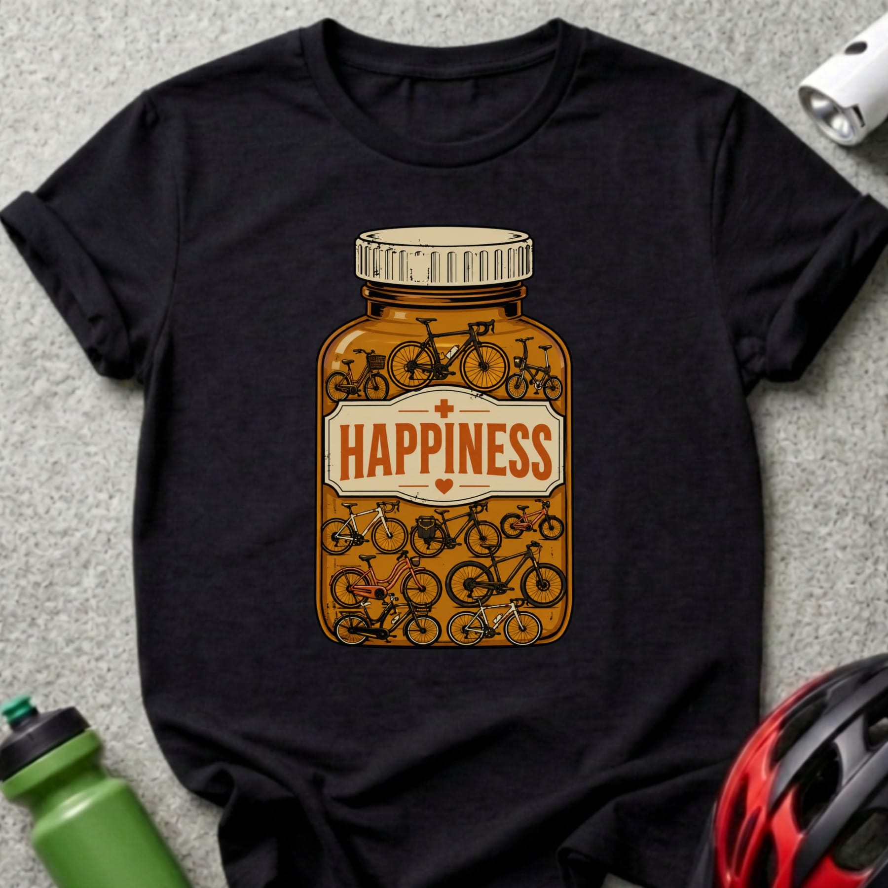 Pill bottle illustration filled with various bicycle designs, labeled "HAPPINESS."