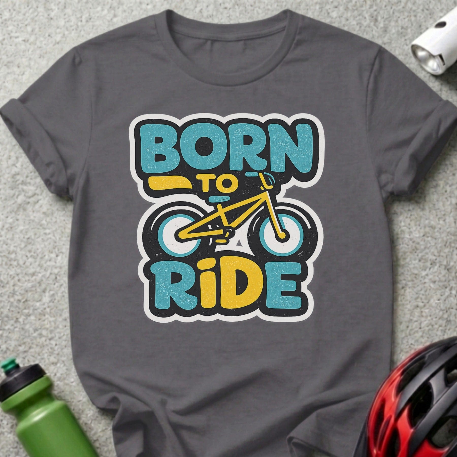 BORN TO RIDE bicycle graphic on dark gray t-shirt