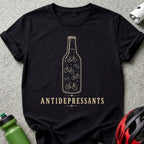Black t-shirt with a beer bottle filled with bicycles and "ANTIDEPRESSANTS" text.