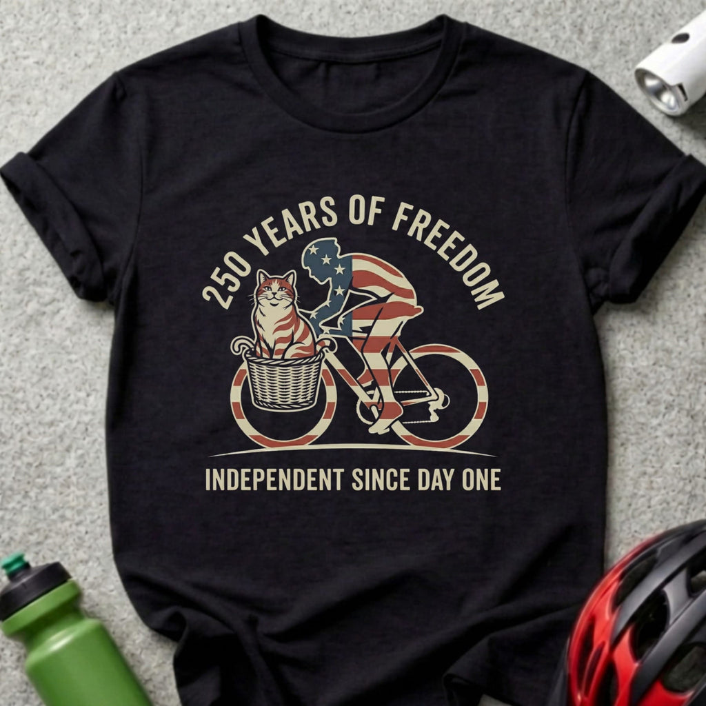 Black t-shirt with 250 Years of Freedom graphic and bicycle rider with cat.