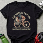Black t-shirt with 250 Years of Freedom graphic and bicycle rider with cat.