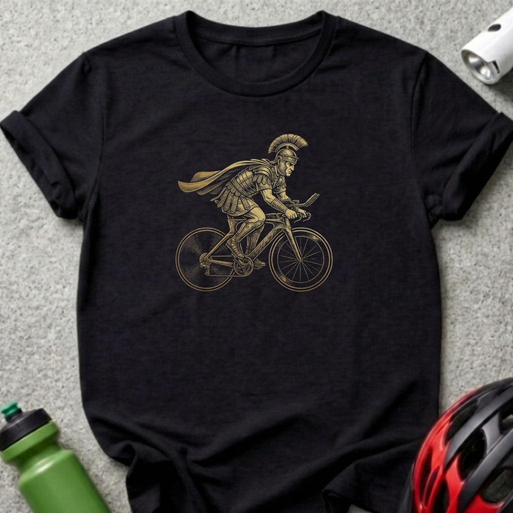 Black t-shirt with a golden illustration of a Roman soldier cycling.