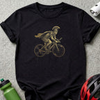 Black t-shirt with a golden illustration of a Roman soldier cycling.
