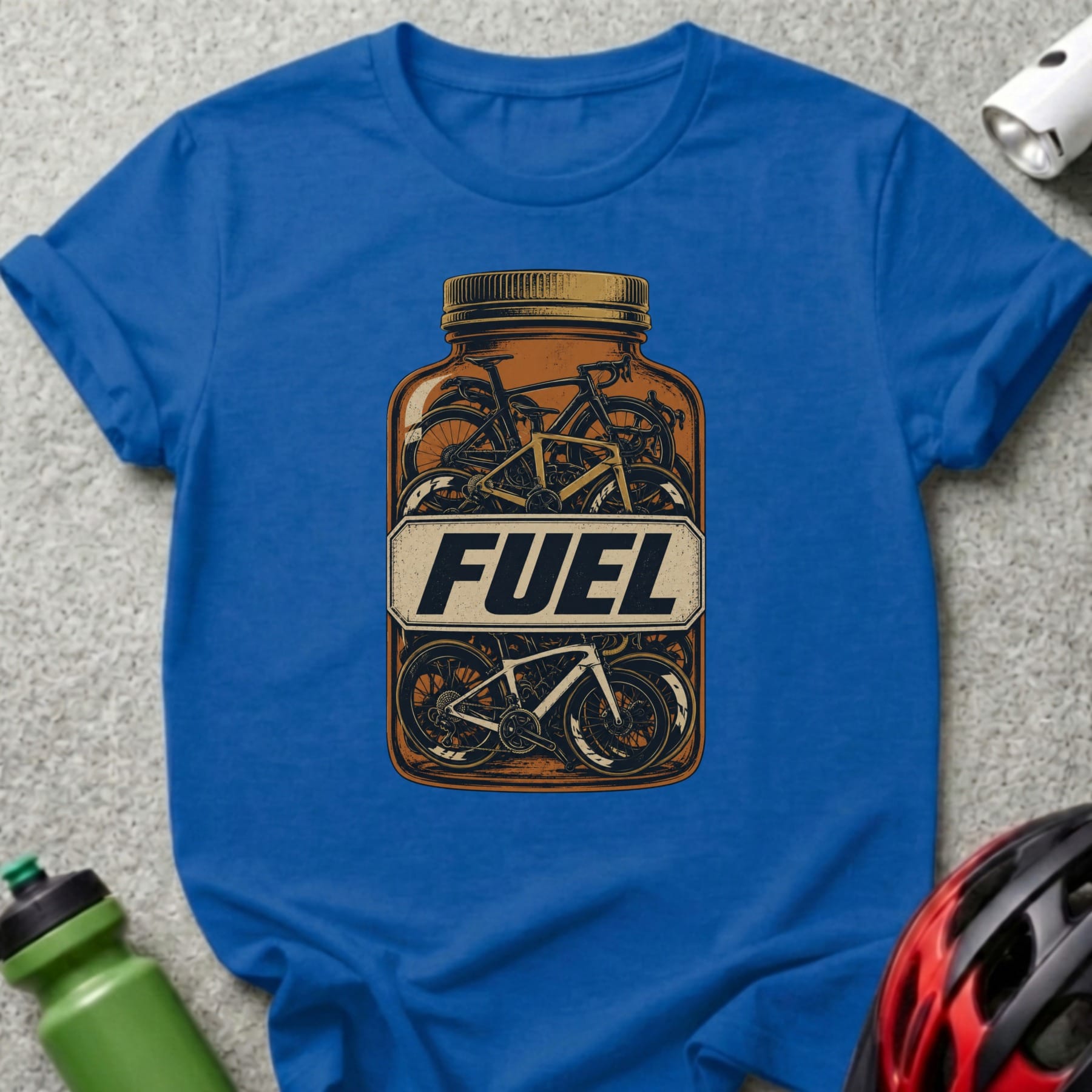 T-shirt with illustration of bicycles inside a fuel bottle labeled "FUEL".