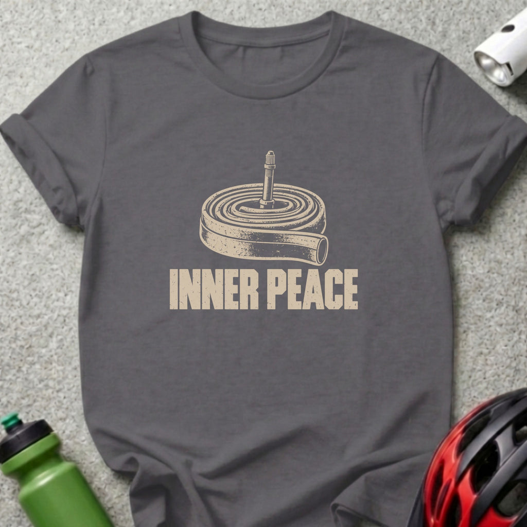 Dark gray t-shirt with a coiled bicycle inner tube graphic above the text INNER PEACE.