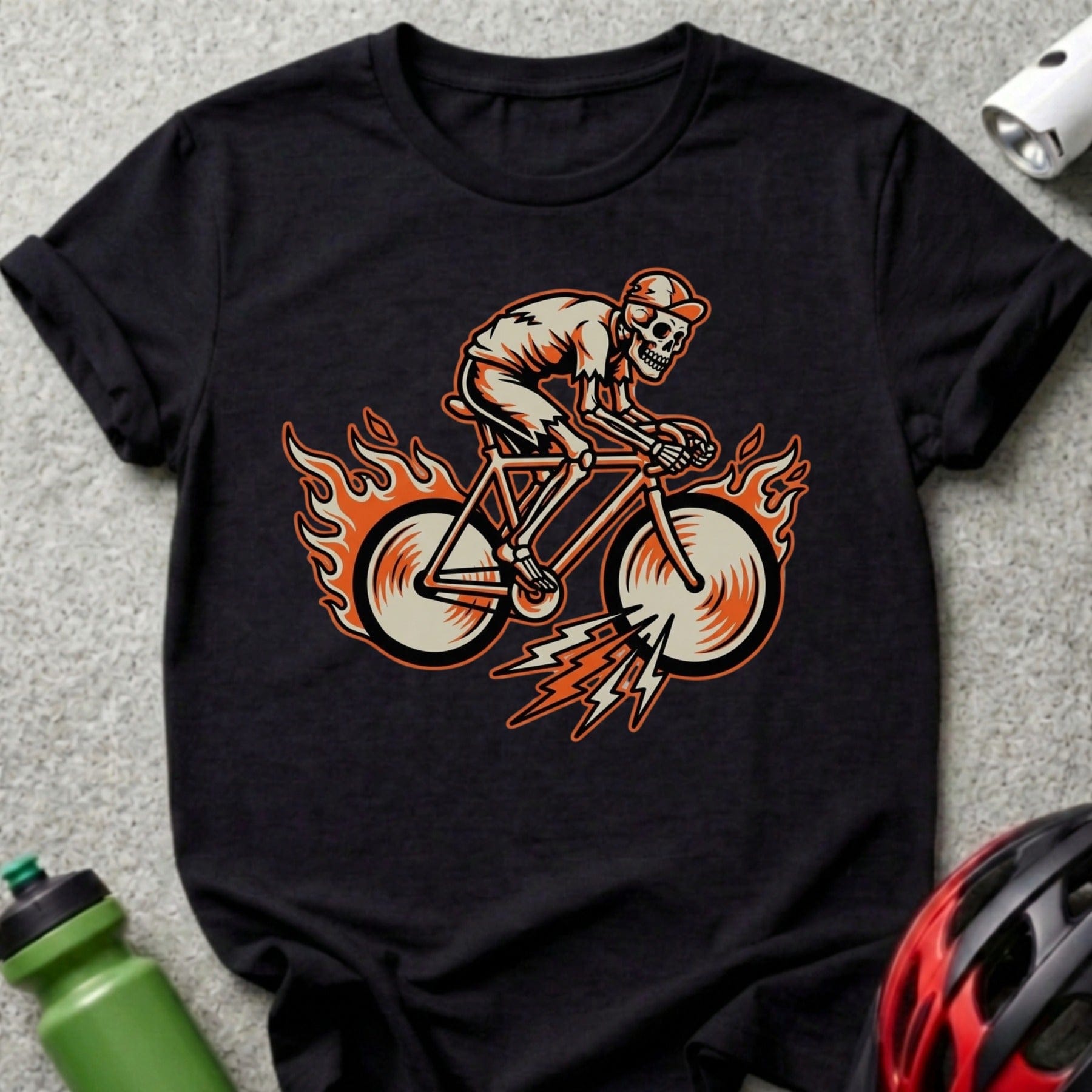 Fiery Skeleton Riding Bike Graphic Tee Shirt