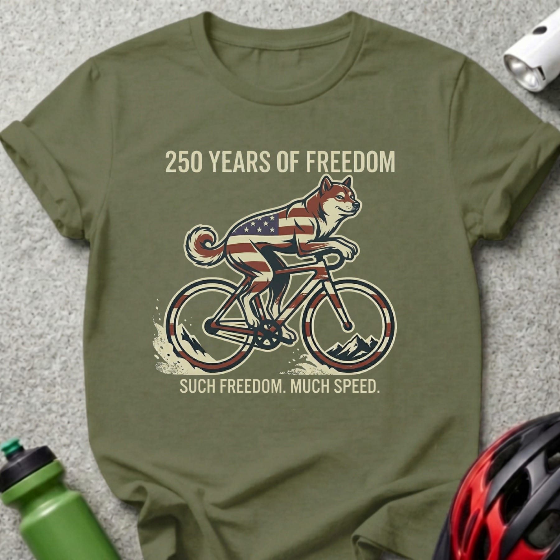 Shiba Inu on bicycle with American flag colors, "250 Years of Freedom", "Such Freedom. Much Speed."