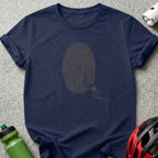 Navy t-shirt with gold fingerprint graphic and a cyclist on a winding path.