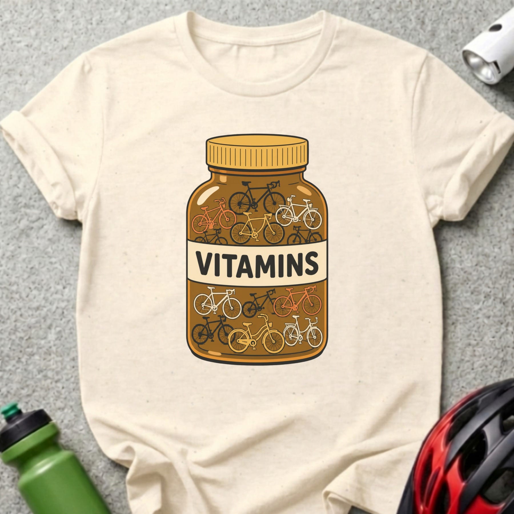 Bottle labeled "VITAMINS" filled with small colorful bicycles.