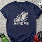 Navy t-shirt with graphic of cyclist climbing a mountain, text "CLIMB AROUND AND FIND PAIN".