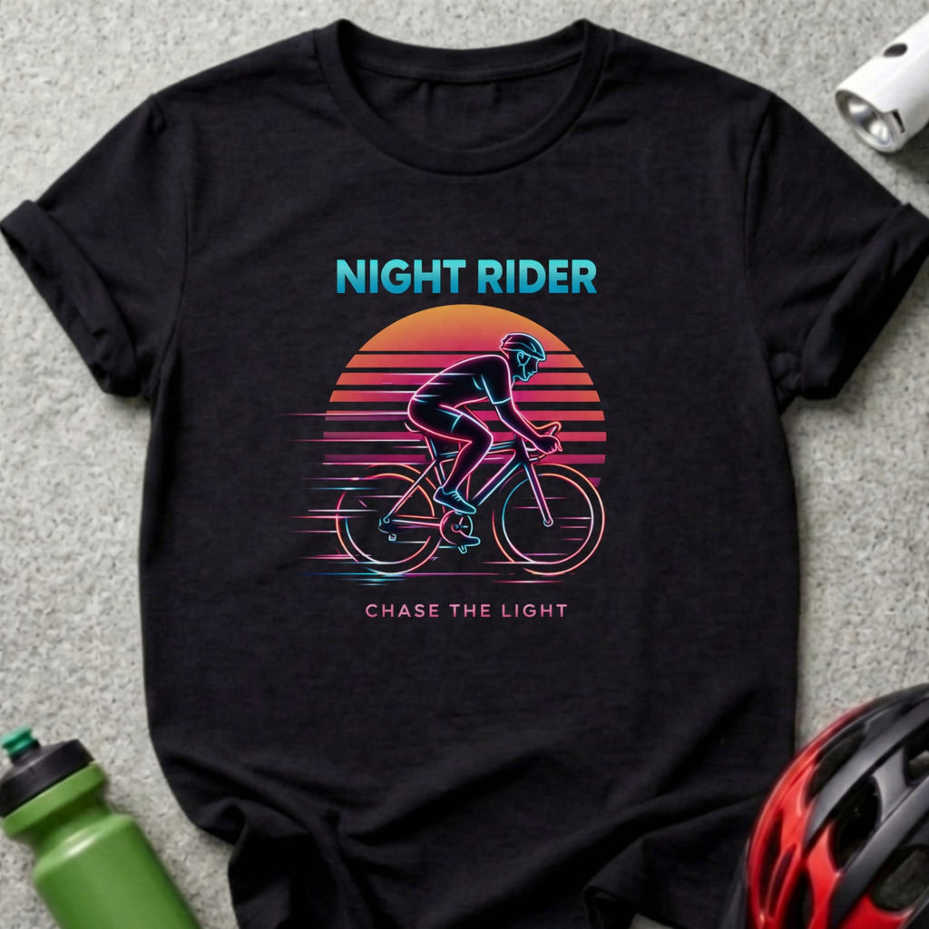 Black t-shirt with "Night Rider Chase The Light" cycling graphic.