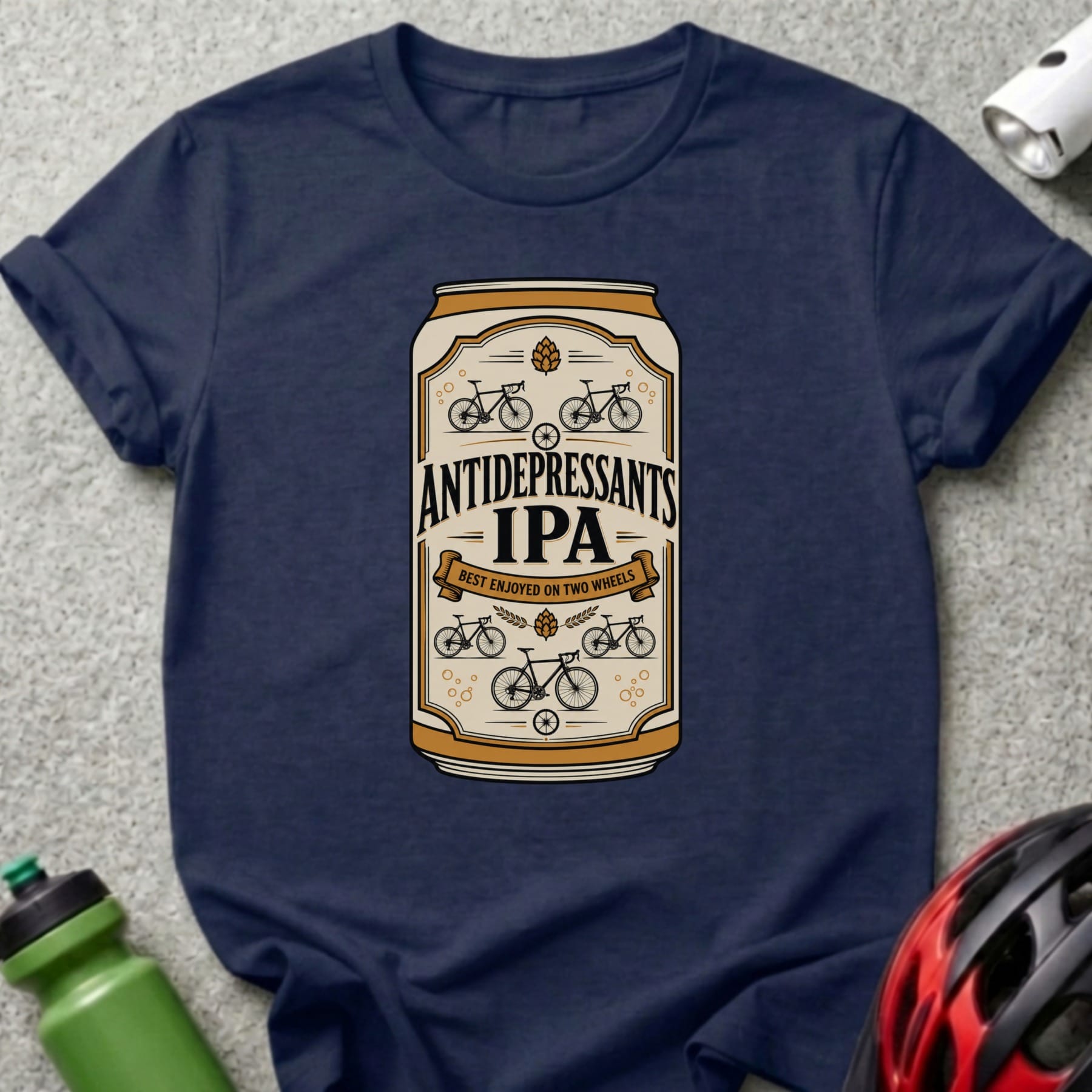 Navy t-shirt with a can of "Antidepressants IPA" beer graphic.