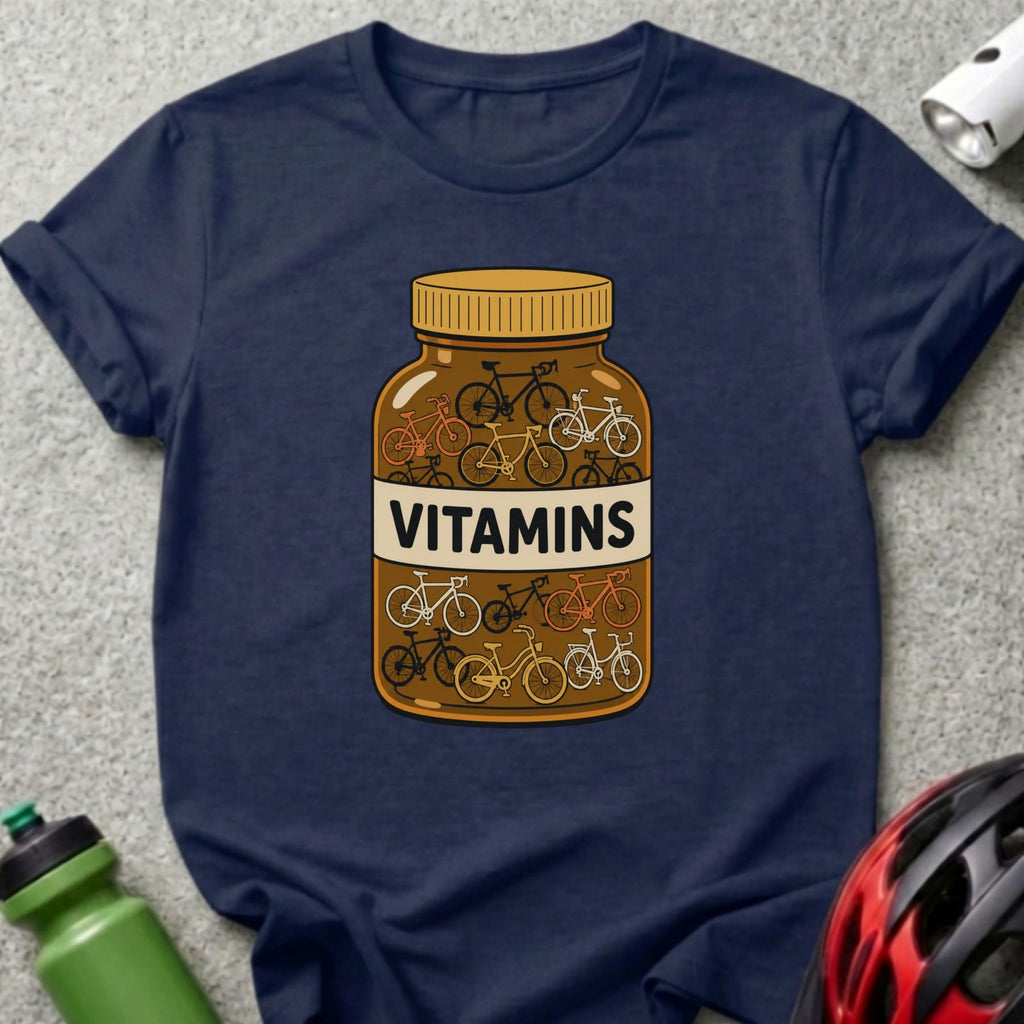 Navy t-shirt with a bottle of vitamins filled with bicycles.