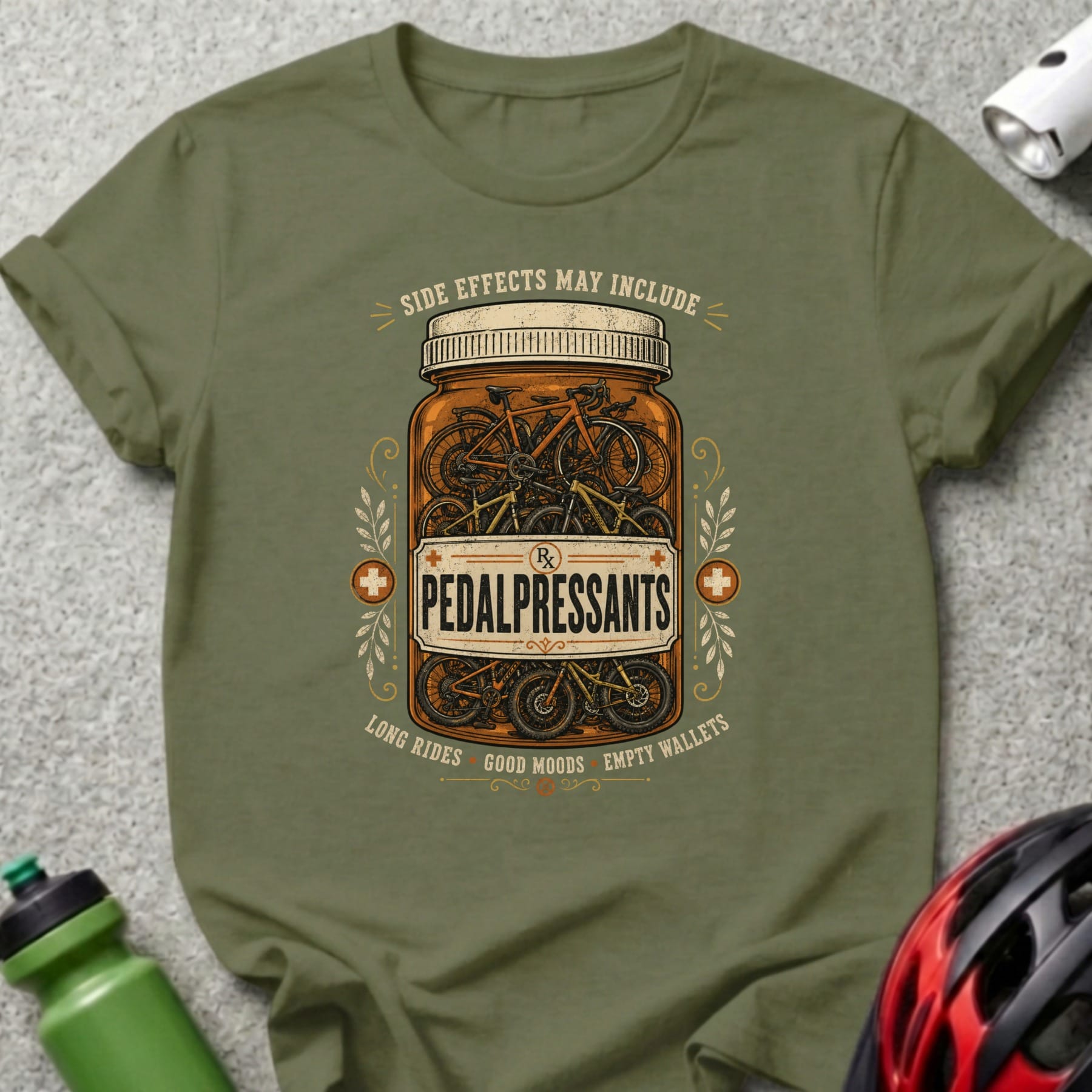 Pedalpressants medicine bottle design with bicycles and text.
