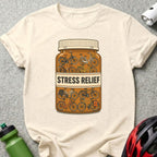 Pill bottle illustration with bicycles labeled "Stress Relief".