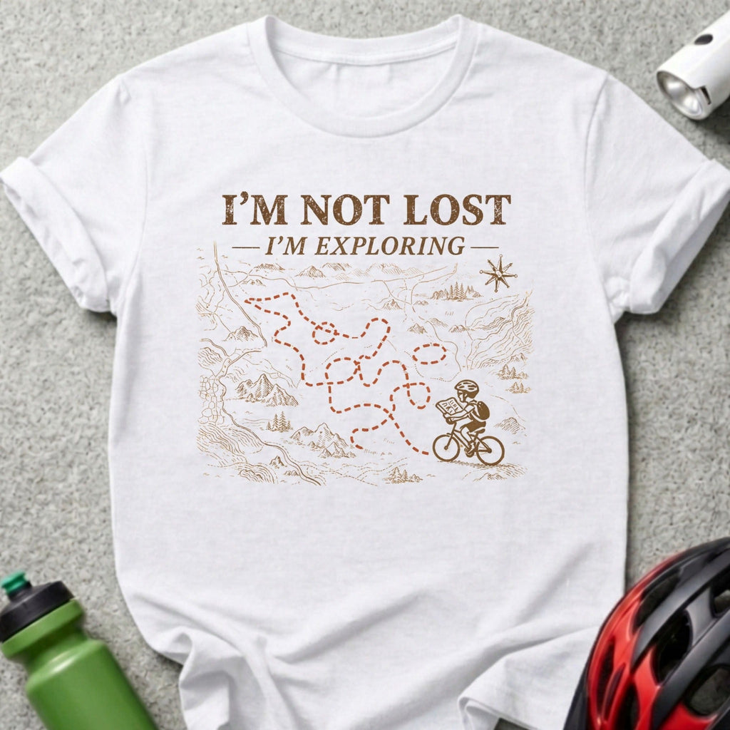 White t-shirt with "I'm Not Lost - I'm Exploring" and cyclist on a map.