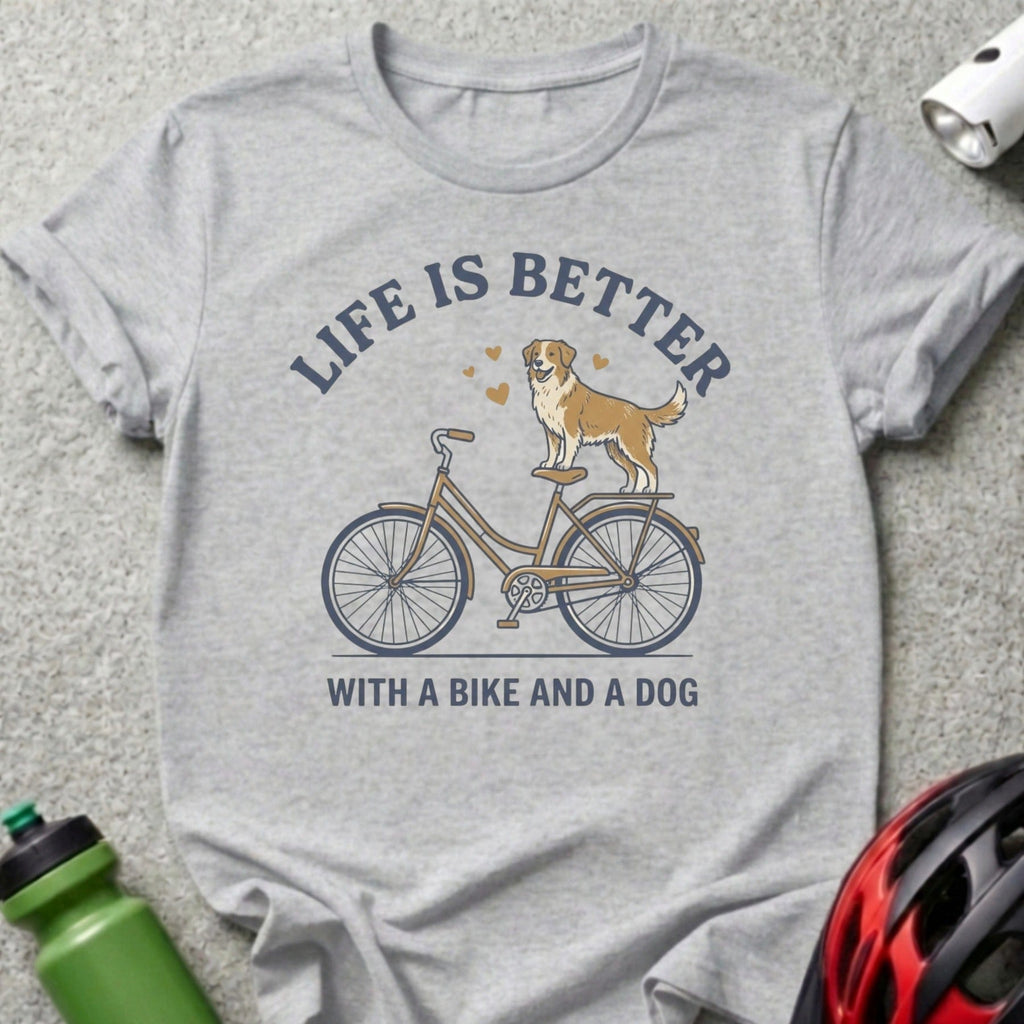 Dog on bicycle with text "LIFE IS BETTER WITH A BIKE AND A DOG".