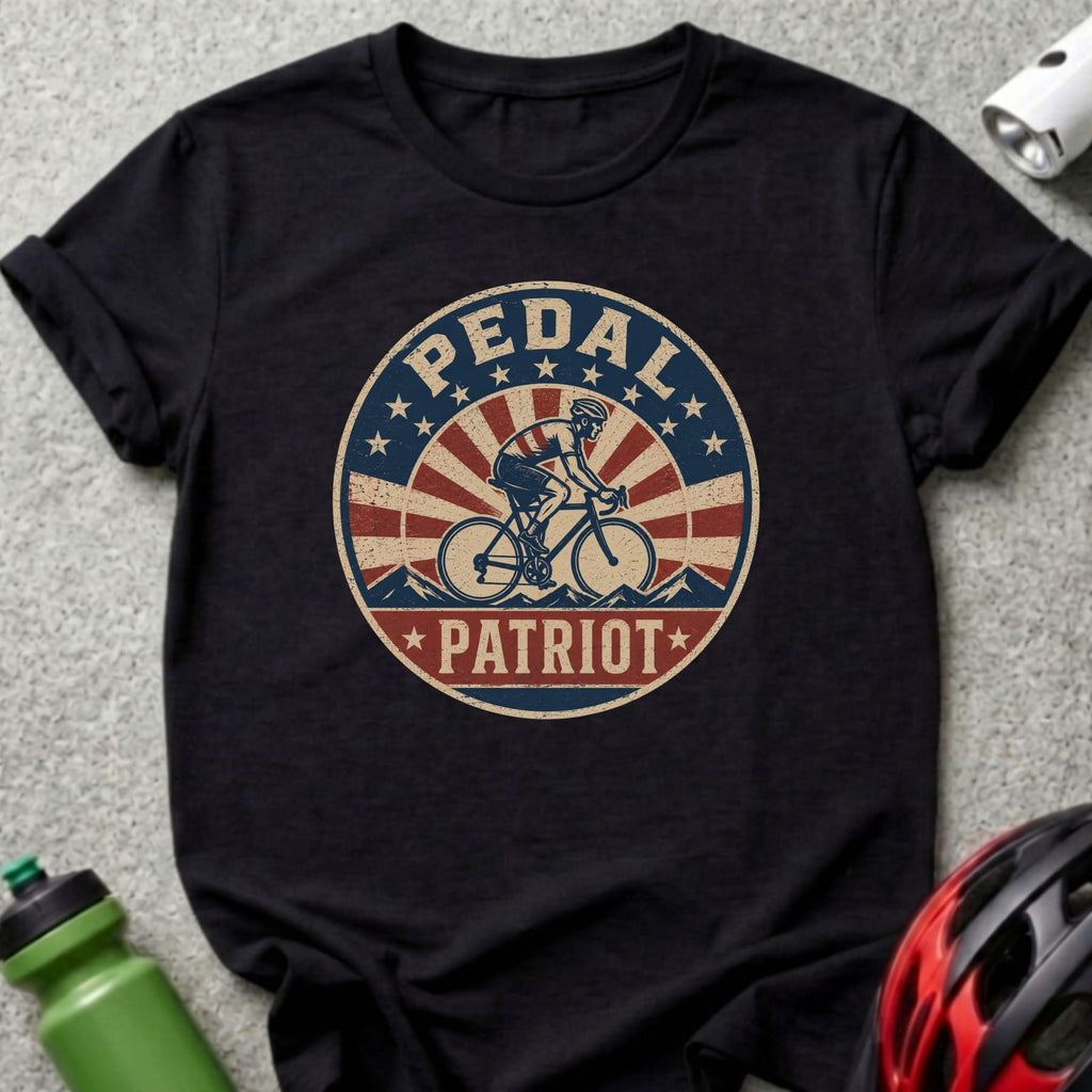 A black t-shirt with a circular graphic featuring a cyclist and the words "PEDAL PATRIOT".