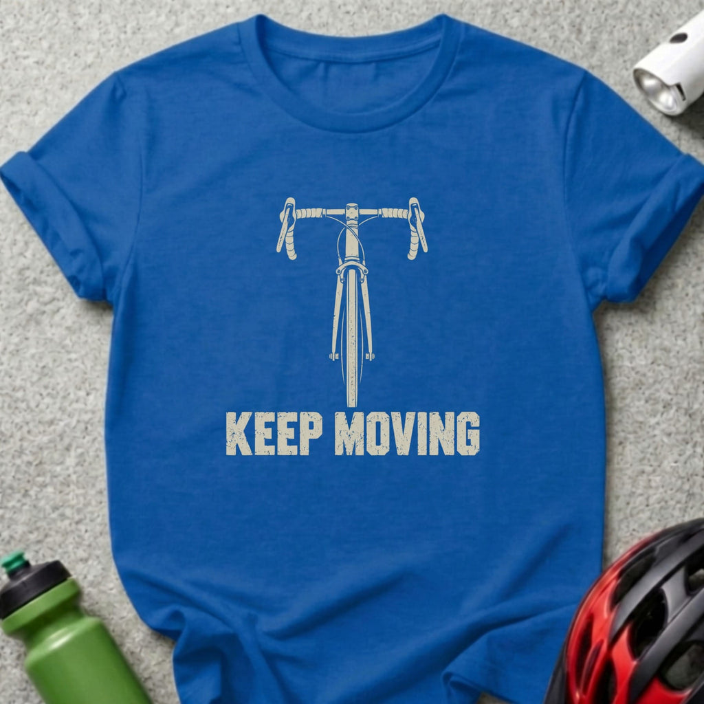 A royal blue t-shirt featuring a white graphic of bicycle handlebars and the text KEEP MOVING.
