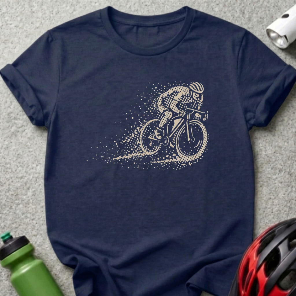 Navy t-shirt with cyclist graphic, helmet, and water bottle.
