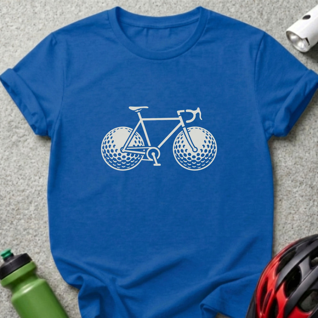 A blue t-shirt featuring a white graphic of a bicycle with golf balls for wheels.