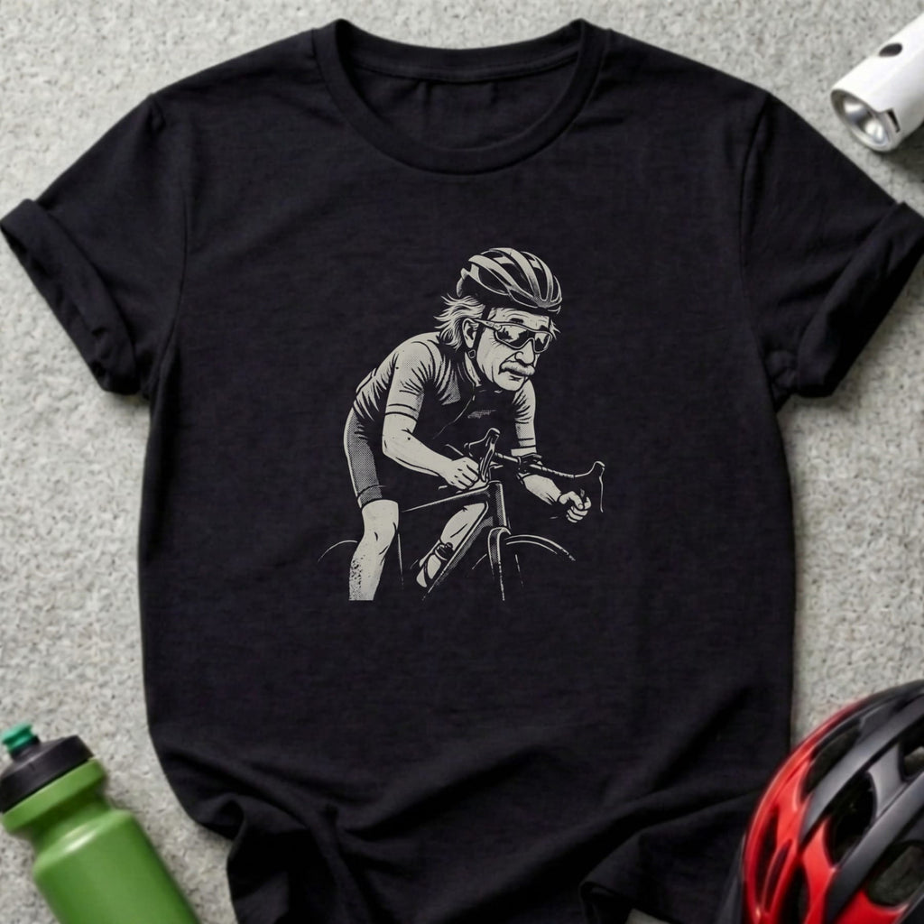 Illustration of an older person cycling, wearing a helmet and sunglasses.
