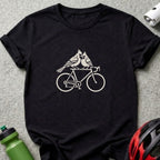 Black t-shirt featuring a white graphic of two birds perched on a bicycle frame.