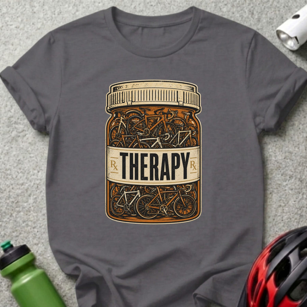 T-shirt featuring a prescription bottle filled with bicycles labeled "THERAPY".