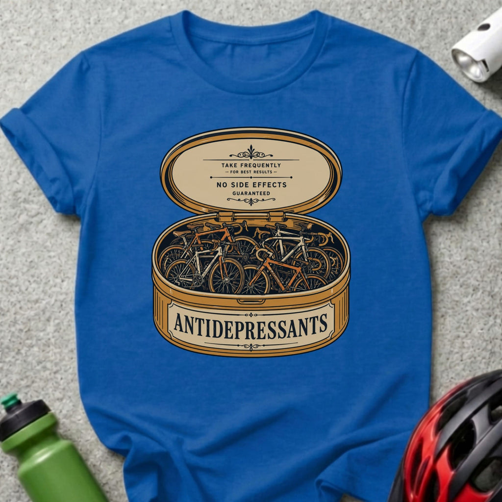 Blue t-shirt with a tin of bicycles labeled "ANTIDEPRESSANTS."