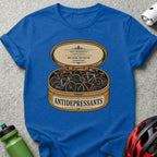 Blue t-shirt with a tin of bicycles labeled "ANTIDEPRESSANTS."
