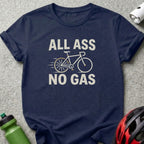 Navy t-shirt with "ALL ASS NO GAS" and bicycle graphic.