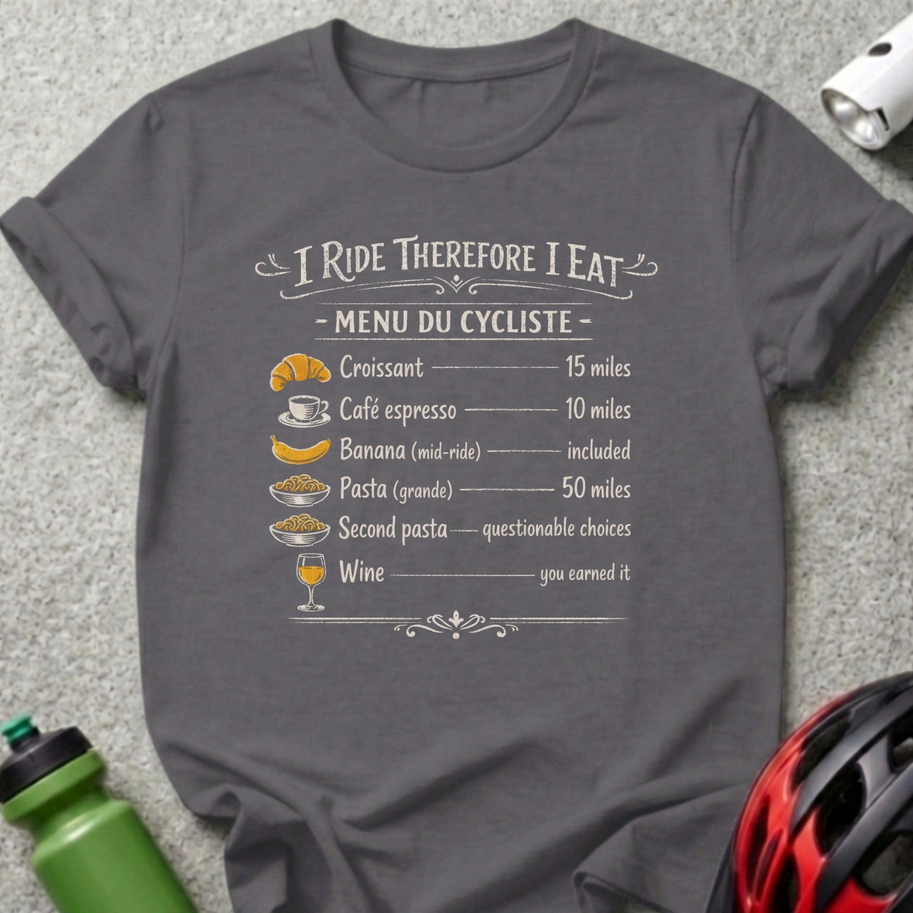 T-shirt listing menu du cycliste with food and mileage.