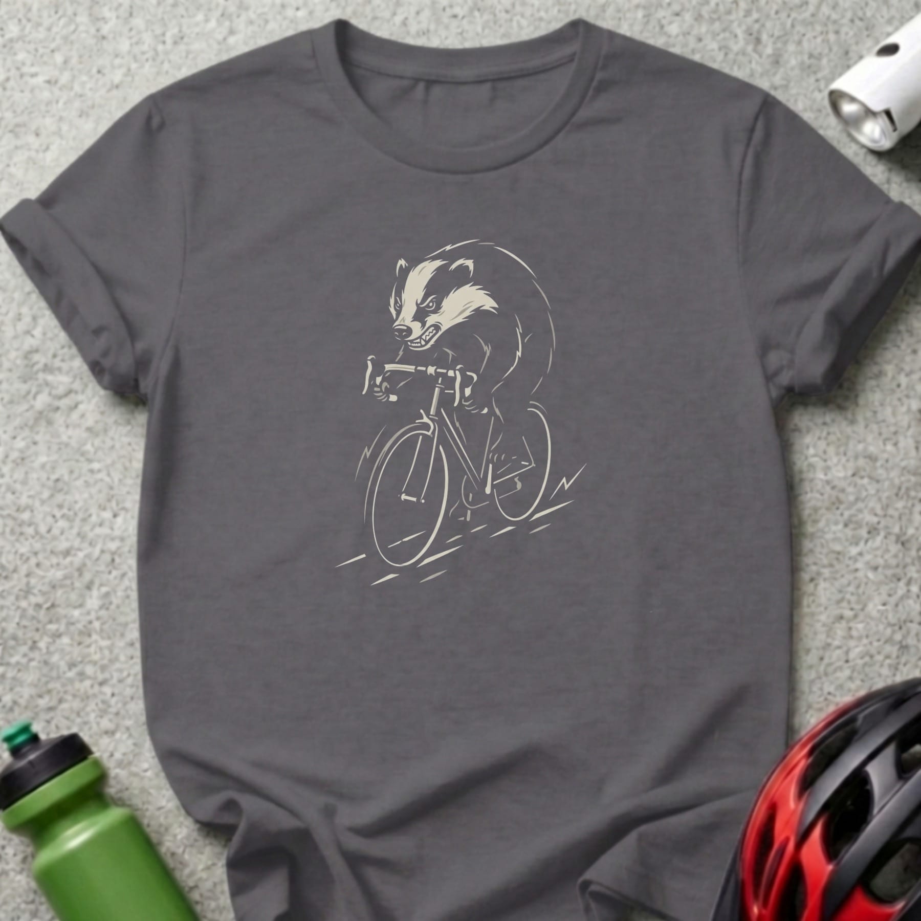 Badger riding a bicycle, line art design on a charcoal t-shirt.