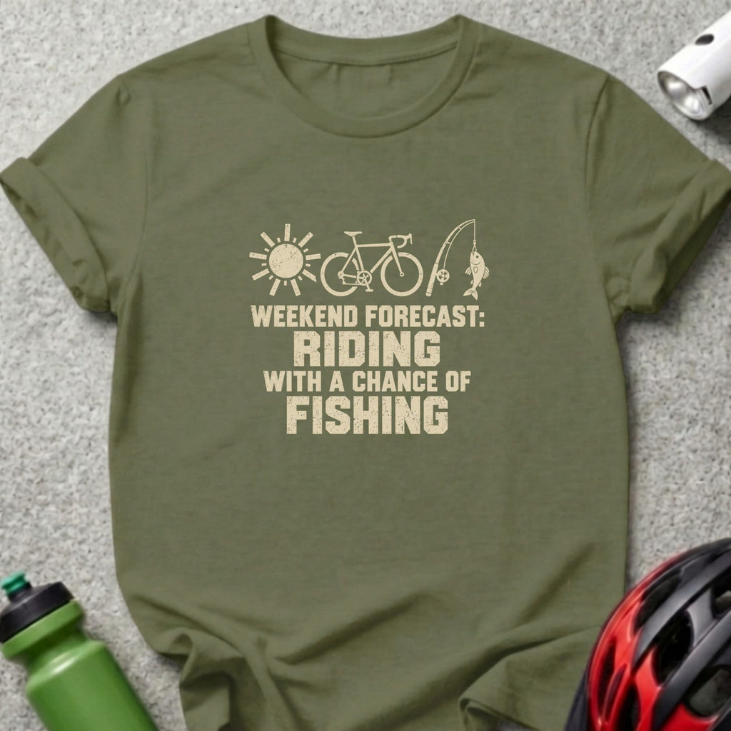 Olive green t-shirt with graphic of a sun, bicycle, fishing rod, and text reading Weekend Forecast: Riding With a Chance of Fishing.