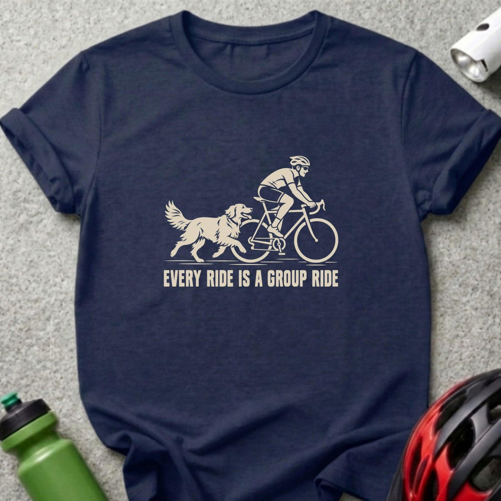 Navy blue t-shirt featuring a cream-colored graphic of a cyclist and dog with the text EVERY RIDE IS A GROUP RIDE.