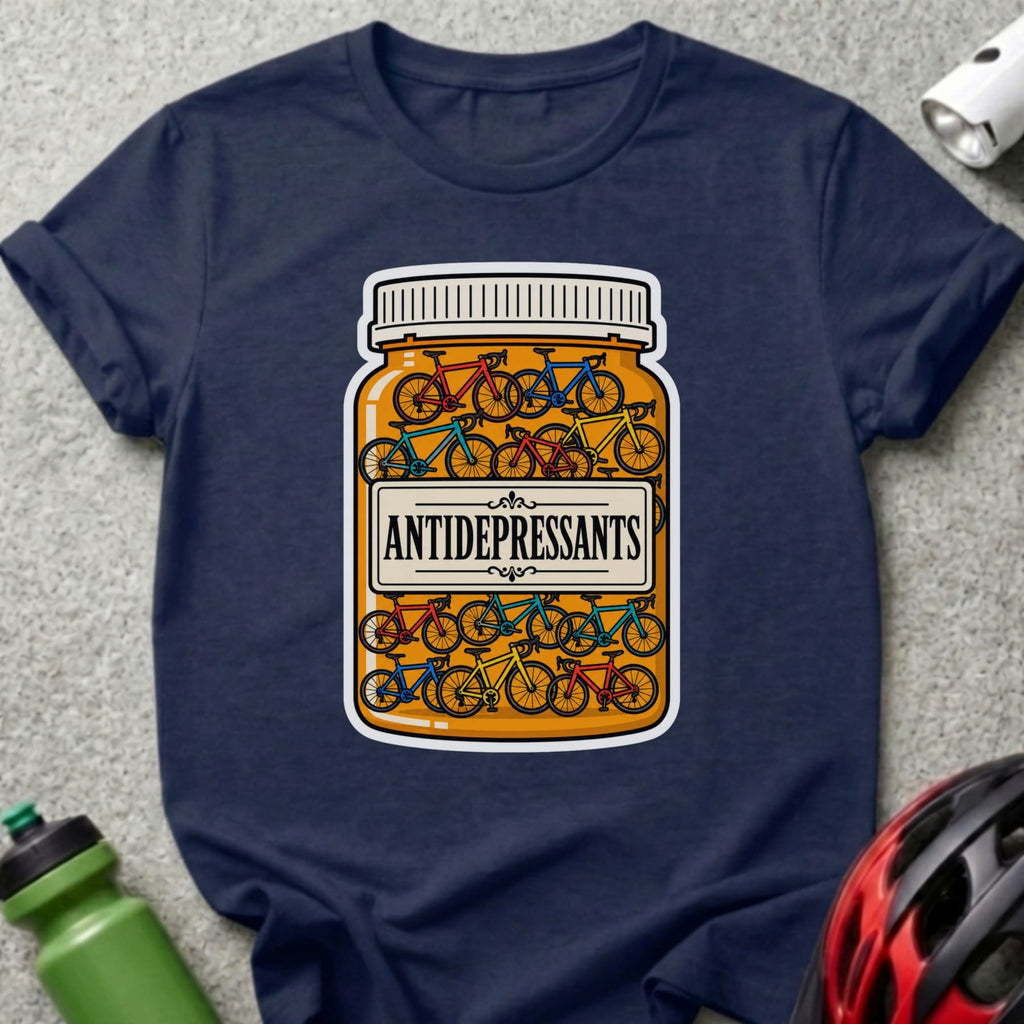 T-shirt with a pill bottle filled with bicycles labeled "Antidepressants".
