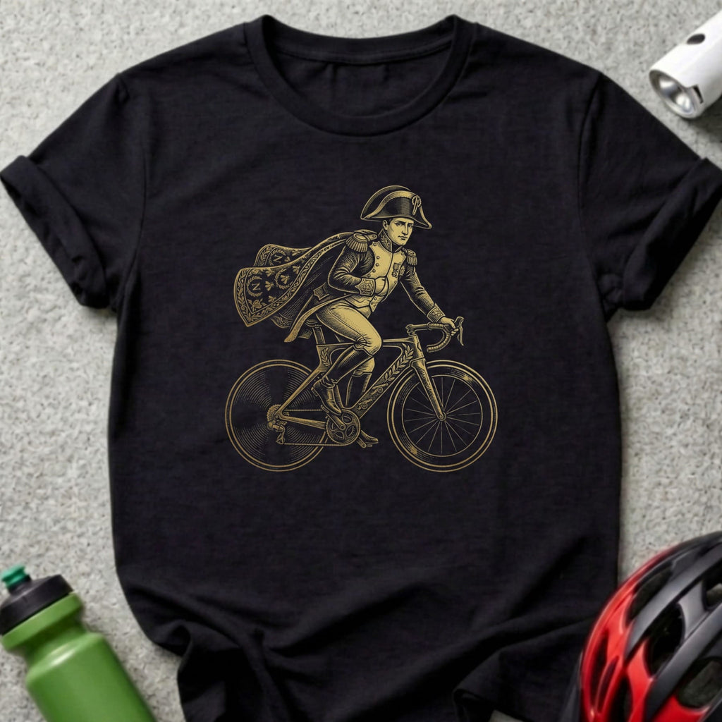 Black t-shirt with a golden illustration of Napoleon riding a bicycle.