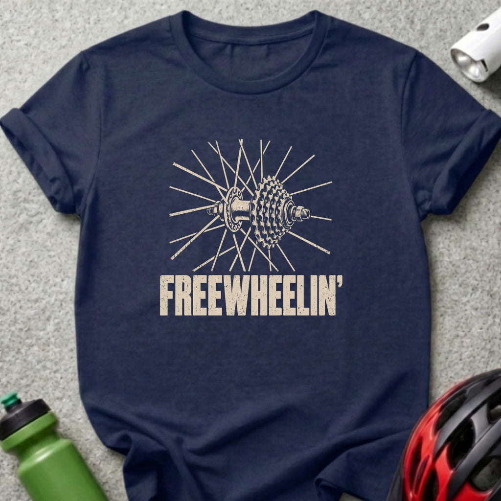 A dark blue t-shirt with a vintage bicycle wheel graphic and the text FREEWHEELIN.