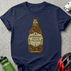 Navy t-shirt with a bottle label illustration of bicycles inside a beer bottle.