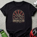 Bike America 250 1776-2026 graphic on a black t-shirt.