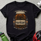 Black t-shirt with "Pedalpressants" pill bottle graphic filled with bicycles.